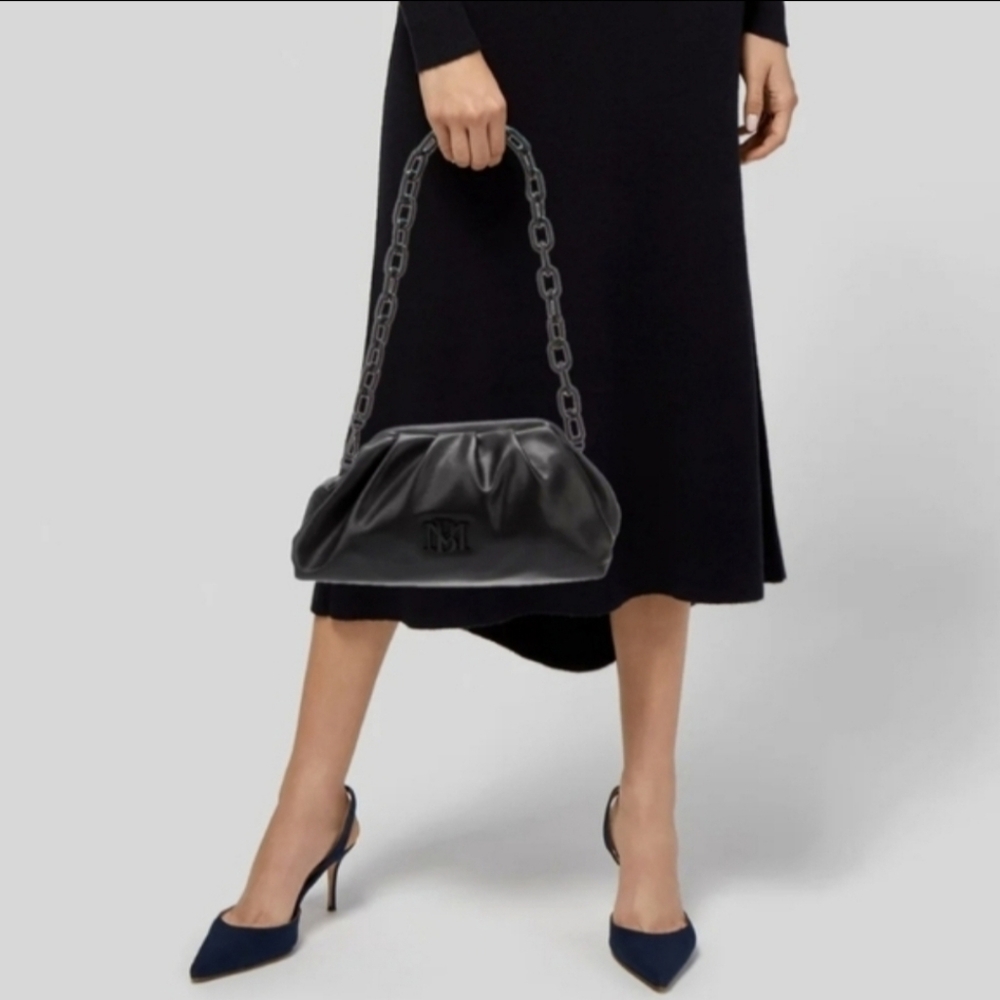 NWT Badgley Mischka Shoulder Bag Black Leather Chain-Link Pouch - Picture 3 of 4